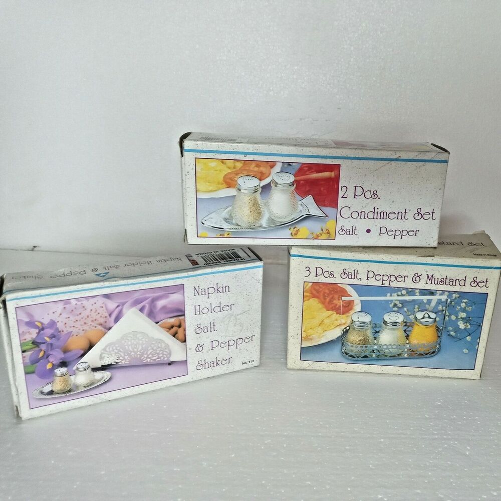 Set of 3  Aluminum Salt And Pepper Shaker Napkin Holder & Mustard Set New